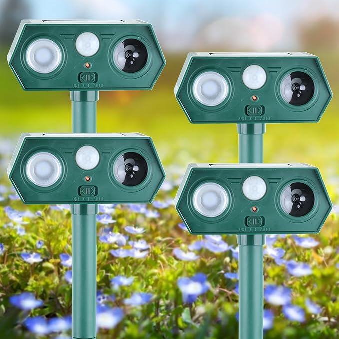 Solar Animal Repellent Outdoor, Deer Repellent, Squirrel Repellent, Ultrasonic Mouse Repellent,Cat Repellent Outdoor Etc,Devices Motion Detection Waterproof with LED Flash Lights for Yard Farm Garden
