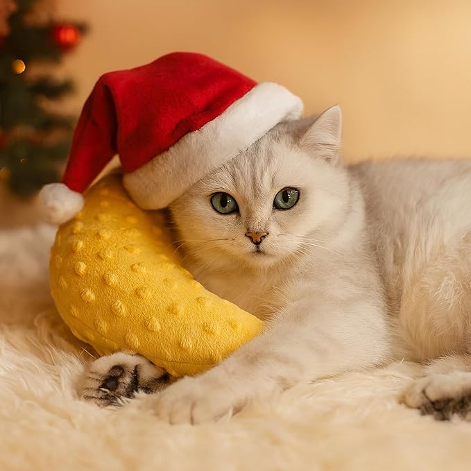 Pet Neck Pillow for Cats and Small Dogs, Crescent Moon U-Shaped Plush Pillow with Christmas Santa Hat, Ultra-Soft Minky Cushion, Machine Washable