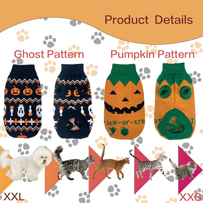 Vehomy 2Pcs Pet Halloween Sweaters Dog Halloween Pumpkin Sweater Kitten Cat Holiday Theme Turtleneck Knitwear Shirt with Pumpkin Skull Patterns Dog Puppy Halloween Costume Clothes for Small Dogs XS