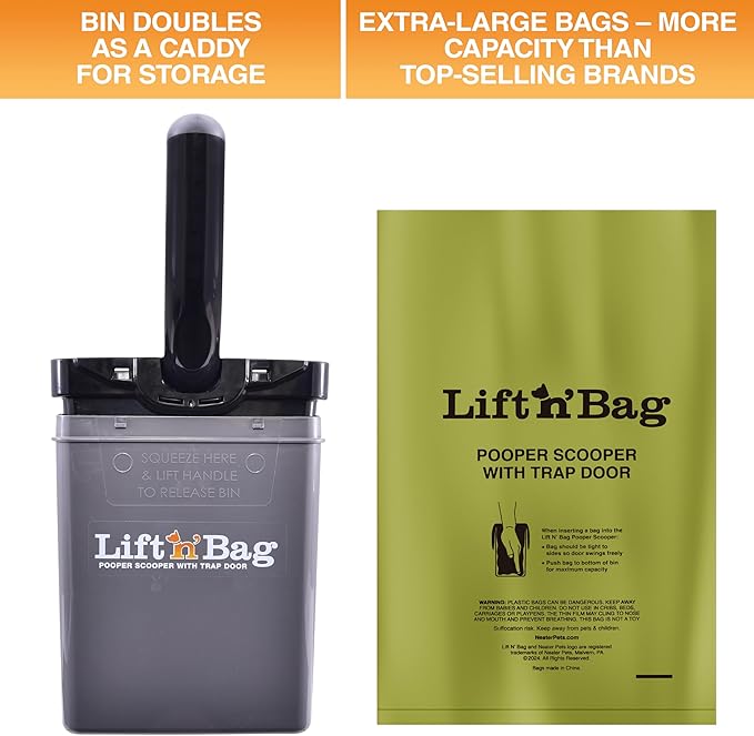 Neater Pet Brands Lift N’ Bag 2.0 Dog Pooper Scooper with Bag Attachment for Small to Large Dogs, New & Improved Design, 60 Refill Bags, Heavy Duty Dog Poop Scooper for Yard & Walks, One-Hand Use