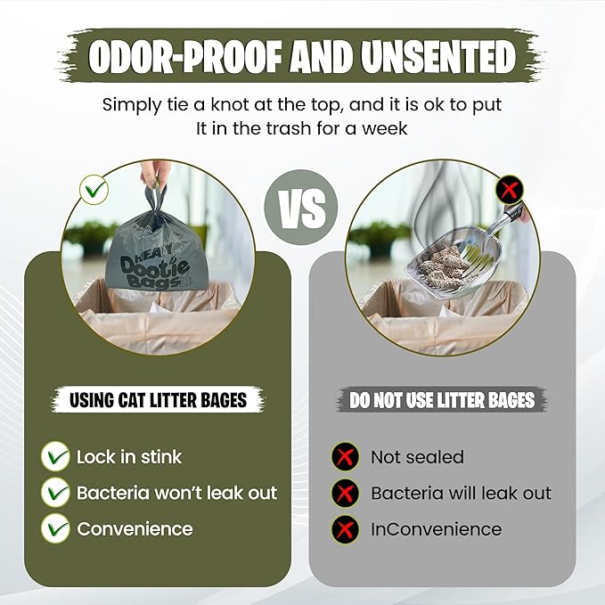 HEAVY Dootie Bags with EZ Tie Handles. Clean and Convenient for Pet Dog Poop, Cat Litter. Multi-Use. Great for Swivel Bin and Gogo Stik Scoopers. Made with Cornstarch. Strong, Leakproof and Very Large