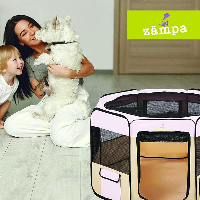 Zampa Puppy Pop Up Portable Playpen for Dog and Cat, Foldable | Indoor/Outdoor Kitten Pen & Travel Pet Carrier + Carrying Case (Pink, Extra Small (29"x29"x17"))