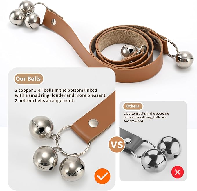 Brown Leather Hanging Door Bells for Dogs to Ring to Go Potty Training Doorbells Tools to Go Outside Dog Accessories Upgraded Puppy Essentials for Home (Silver Jingle Bells)
