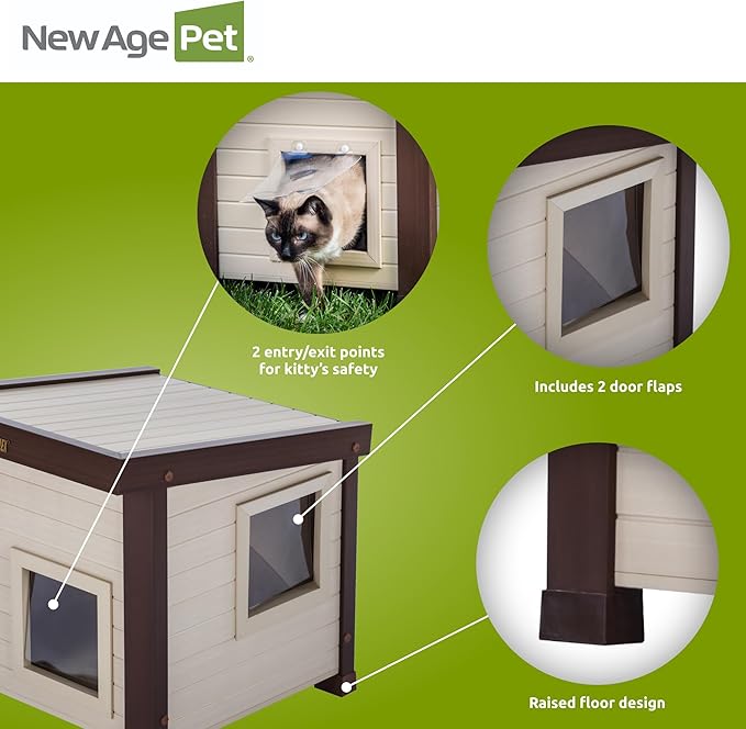 New Age Pet ECOFLEX Albany Outdoor Cat House, Weather‑Resistant, Dual Door Flaps, 21" W x 20" H
