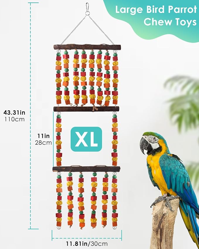 43" Extra Large Bird Parrot Toys, Multicolored Wooden Blocks Chewing Toy with Rattan Balls and Perches for Eclectus, African Greys, Cokatoos, Amazon Parrots