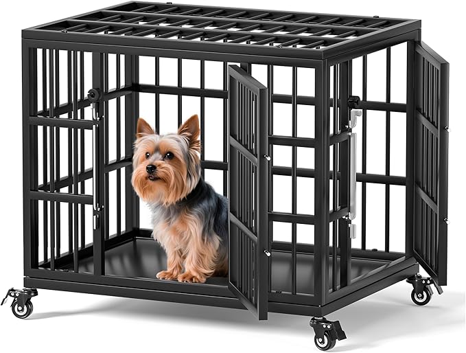 VERIFURTY 24 Inch Heavy Duty Dog Crate for Small Dogs with Self-Locking Latch, Escape-Proof Steel Kennel Indoor, Double Door Metal Pet Cage with Wheels and Removable Floor