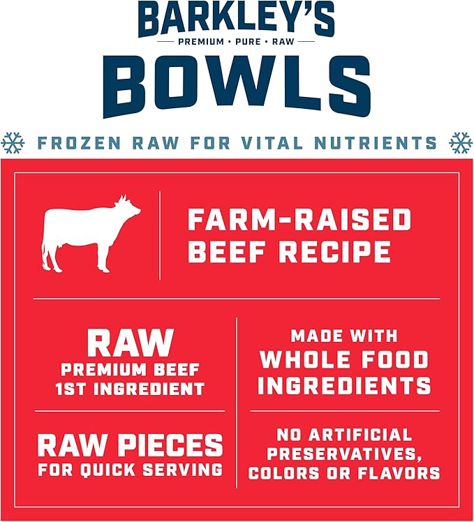 Barkley’s Bowls, Frozen Raw Beef Dog Food, Fresh Whole Food Ingredients with Farm-Raised Beef, Grain Free, High Protein for Balanced Nutrition, Frozen Meals, Human Grade Ingredients, 4 lb (3 Pack)