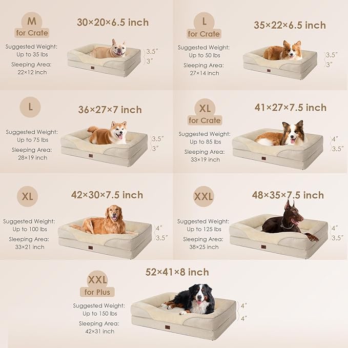 EHEYCIGA Orthopedic Dog Bed for Large Sized Dog, 36x27x7 Inch Large Memory Foam Dog Couch Bed with Sides, Waterproof Liner & Washable Removable Cover, Bolster Pet Sofa, Beige