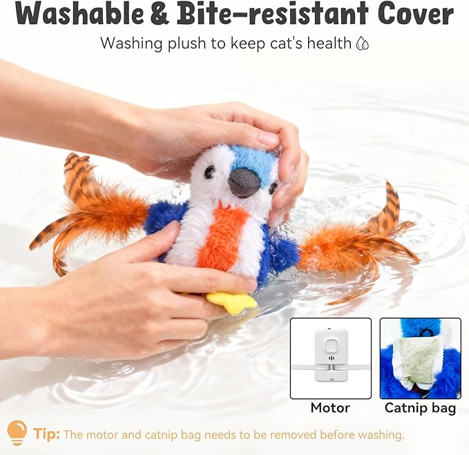 Cat Toys Flapping Bird, Catnip Toys for Indoor Cats Interactive Automatic Kitten Toy Kicker - Baby Plush/Feather/Crinkle, Rechargeable 4 Sounds/Off, Timed & Touch Activated, Clip & Hanging Rope