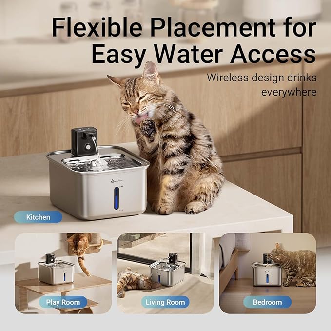 DownyPaws Cat Water Fountain Stainless Steel Wireless, 101 oz/3L FurSink Cordless Water Fountain for Cats, Battery Operated Cat Fountains for Drinking with Motion Sensor, Easy Clean, Metal & 6 Filters