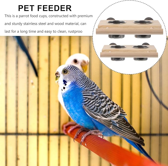 Yardwe Parrot Food Cups and Stainless Steel Feeding Bowls with Wood Stand, 2pcs Set (Small Large) for Bird Cage Feeding and Watering Supplies