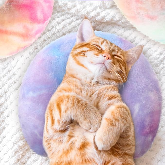 Sweetude 4 Pcs Pillows for Cats Puppy Bed Fluffy Pet Calming Soft Gifts Half Donut U Shaped Pet Neck Pillow Training Joint Relief Cervical Protection(Tie Dye,Medium)
