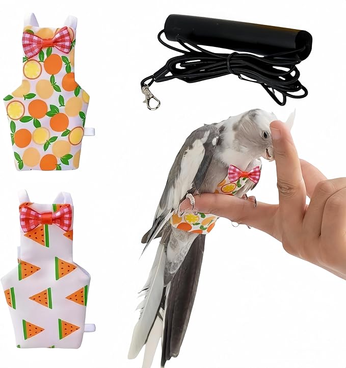 2 Pcs Bird Diapers Bird Harness Flight Suits Diapers with 80in Flying Leash Reusable Parrot Nappy with Waterproof Inner Layer for Cockatiel Budgie Conure Parakeet Lovebird-Watermelon&Orange