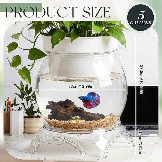 Geelin 5 Gallon Plastic Aquaponic Betta Fish Tank Aquaponic with Base and Top, Large Bowl Shatterproof Ecosystem Aquarium with Clear Clarity for Terrarium, Flower Vase Betta Fish Centerpiece Gifts