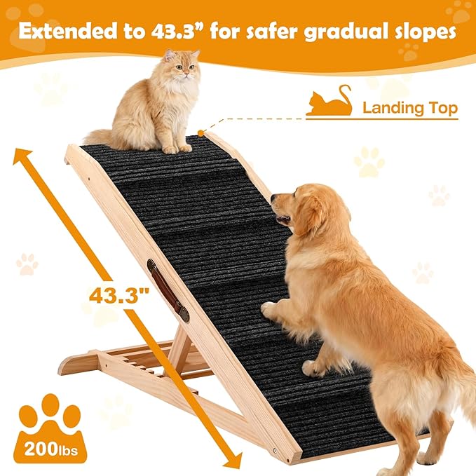 43" Long Dog Ramp with Landing Platform for Bed, Couch & Car - 6 Level Adjustable Height (10.8" to 23.6"), Foldable Wooden Pet Ramp with Non-Slip Surface, for Small, Medium & Old Dogs Up to 140 LBS