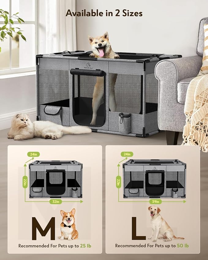 Dog Playpen,Fabric Fence, Portable Soft Cat Kennel Crate,Breathable Exercise Puppy Pen,PVC Pipe Frame,Indoor Outdoor Cage for Medium Animals Under 50 Ibs with Carrying Case(Grey L)