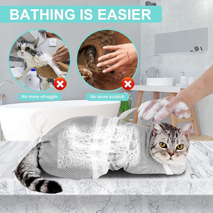 Cat Bathing Bag Adjustable Cat Grooming Net Bag Anti-bite & Anti-Scratch Cat Bath Washing Restraint Bag, Breathable Mesh Cat Grooming Bag for Shower, Nail Trimming, Injection