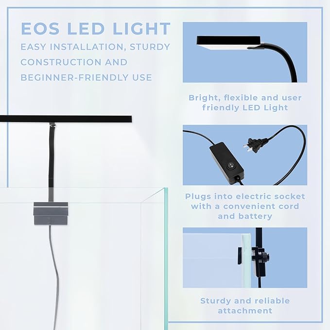 Cube Aquarium Starter Kit - Small Aquarium Kit - 2 Gallon Fish Tank, Black Leveling Mat, EOS LED Light, Glass Filter - Beginner Fish Tank Kit