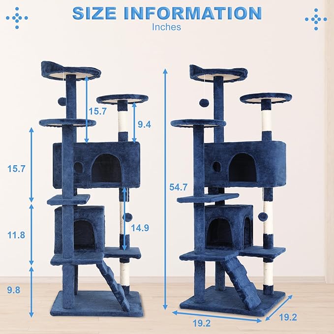 FDW | 54" Cat Tree Tower | Navy Blue | Multi-Level Indoor Activity Center with Sisal Scratching Posts, Condos, Plush Perches, Hanging Cat Toys | Sturdy, Easy to Assemble | for Kittens & Adult Cats