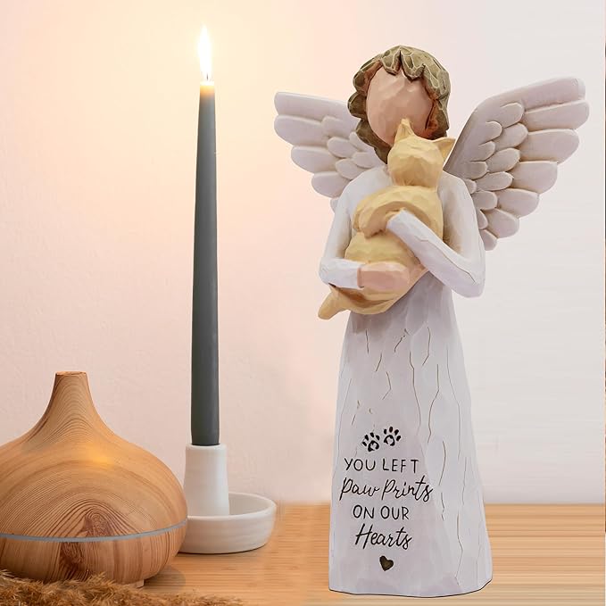BORLESTA Loss of Cat Sympathy Gift, Cat Memorial Gifts for Loss of Cat, Passed Away Cat Gifts, Pet Memorial, Cat Mom, Hand-Painted Figurines Angel Cat (Yellow)