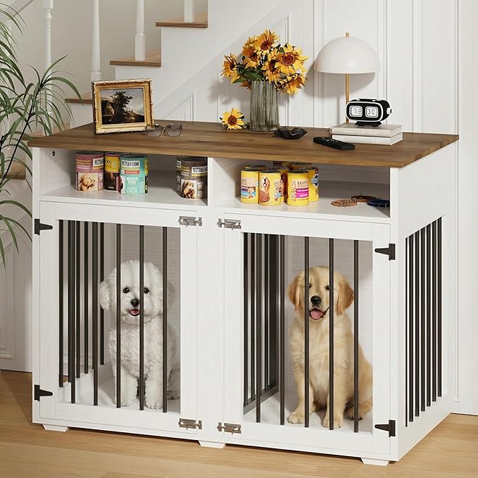 Furniture Dog Crate for Two Dogs, 41 Inch Farmhouse Style Dog Kennel with Removable Divider and Thickened Desktop, Heavy-Duty Base for Small to Medium Dogs, White