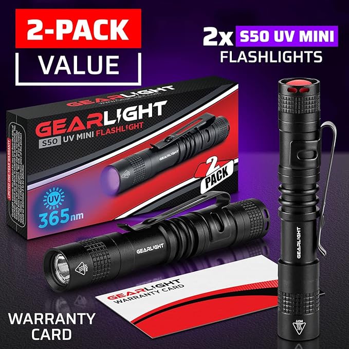GearLight UV Flashlight S50-365 nm Mini Blacklight Ultraviolet Pen Flashlights for ID Check, Leak AC Detection, Resin Curing - Pet Urine, Scorpion, Stain Handheld Detector - (Pocket Light) - 2 Pack