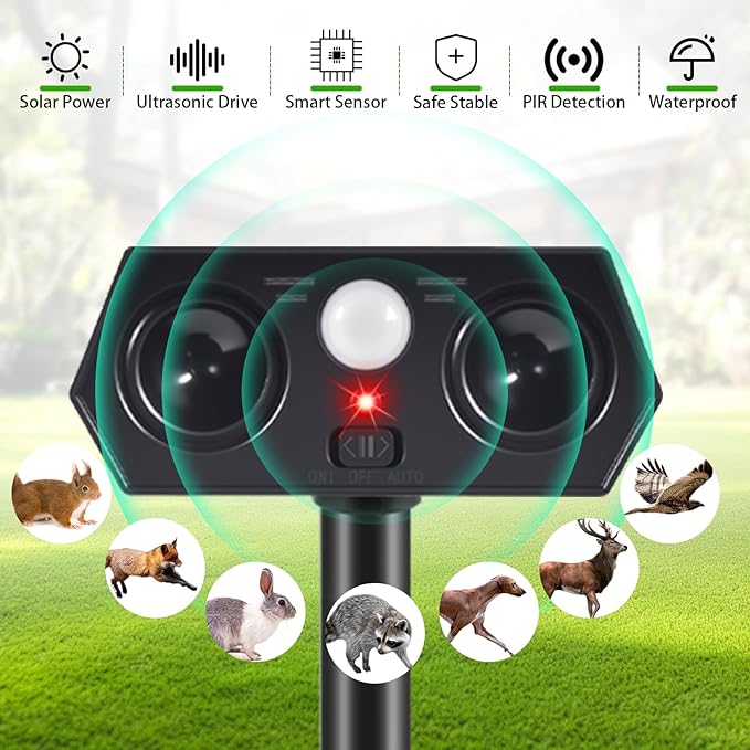 Solar Ultrasonic Animal Repellent Outdoor, 4Pack Solar Deer Deterrent Devices with PIR Motion Sensor, Ultrasonic Cat Repellent to Scare Squirre Rabbit Skunk Dog Raccoon Armadillos for Lawn Yard