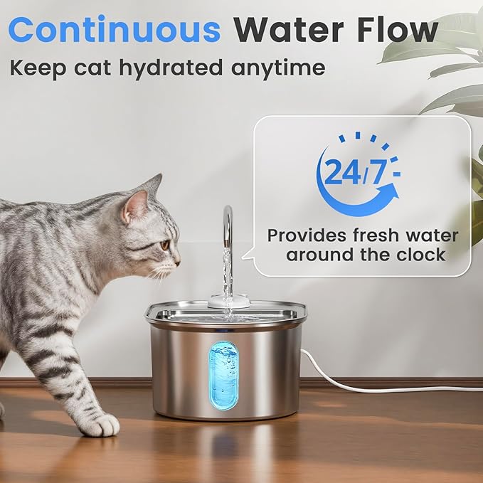 Stainless Steel Cat Water Fountain, 108oz/3.2L Automatic Pet Water Dispenser with Ultra-Quiet Pump, Safe Auto Shut-Off & Water Level Window for Cats and Dogs Indoors - Includes 1 Filter