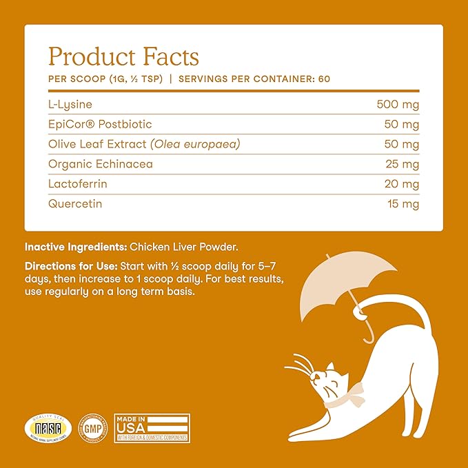 Fera Pets Lysine Powder for Cats - Immune Support Supplement with Quercetin & Postbiotics - Promotes Respiratory Health & Normal Inflammatory Response - Helps Maintain Normal Eye Health - 60 Scoops