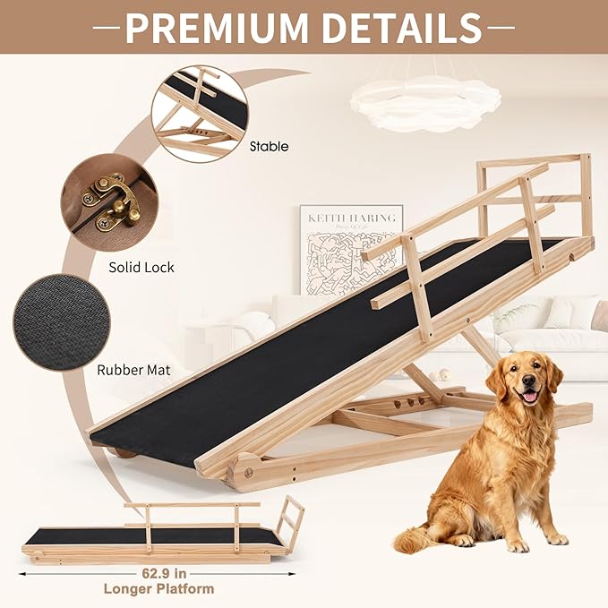 SLSY Dog Ramp for High Bed Couch, Folding Adjustable Pet Ramp with Non-Slip Rubber Mat, 62.9" Long, 5 Adjustable Heights 15.7''–31.4", Portable Step Supports Pets up to 250 lbs for Large Pet(Natural)