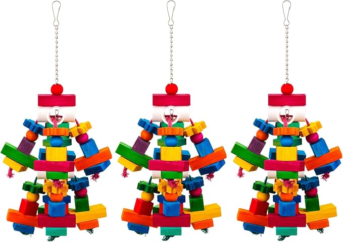 3 Pcs Large Parrot Toys 17.8" Colorful Chewing Toy with Natural Wood Blocks for African Greys, Cockatoos, Parrots, Macaws, Medium Birds Cage Toy Accessories