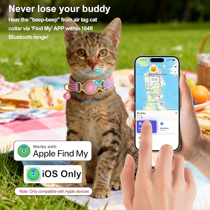 Air tag Cat Collar - Compatible with Apple Find My (air tag Included), Reflective Line & Bell, Lightweight Tracker Holder for Cats Kittens (Adjustable 9-13"), Pet Collar for Location Tracker