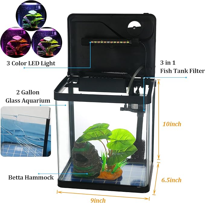 The 2 Gallon Betta Fish Tank Starter kit Comes with White Cotton and is Replaced Every 2-3 Days to Ensure Good Water Quality for Fighting Fish, Shrimp, Guppy Jellyfish
