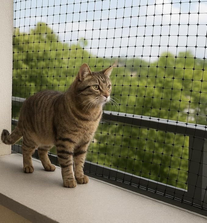 JUNFLYING Cat Netting Balcony 10x13 FT, Wire-Free Pet Protection Mesh for Fall Prevention, Heavy-Duty Catio Screen Barrier for Apartment, Window, Staircase, Terrace and Patio