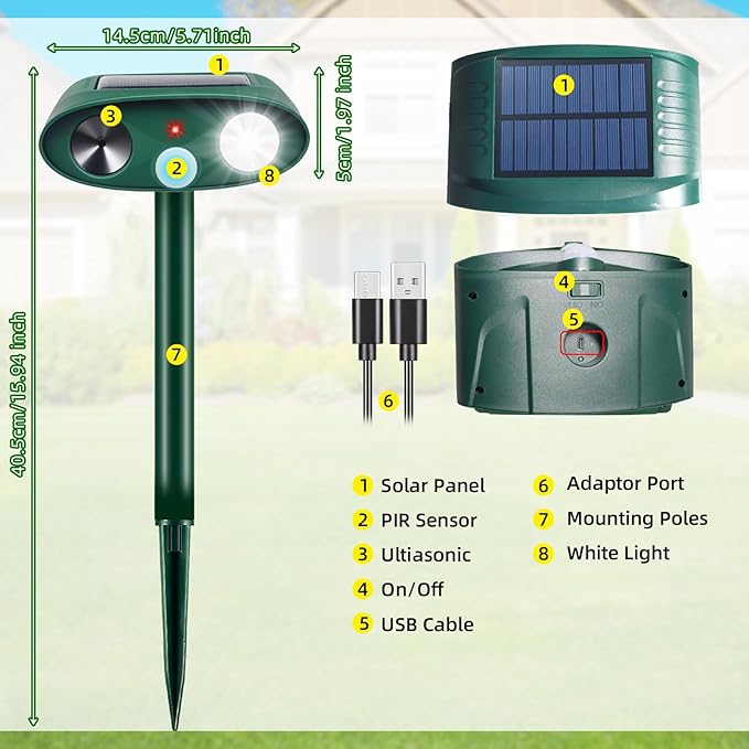 2Pack Solar Ultrasonic Animal Repellent Outdoor with Motion Detection&Flash Light,USB Rechargeable Waterproof Cat Repellent Outdoor Keep Deer Squirrel Rabbit Opossum Raccoon Away for Yard Garden Lawn