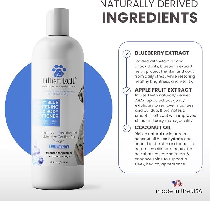 Lillian Ruff PRO Formula Berry Blue Brightening Dog Conditioner - Professional Whitening Conditioner Hydrate Dry Skin, Soften, Detangle, Restore Shine - Provitamin B5, USA Made 16oz