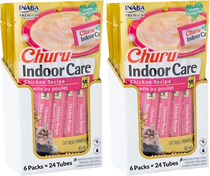 INABA Churu Hairball Control,Functional,Creamy Lickable Purée Cat Treat with Taurine & Vitamin E,0.5 Ounces Each, Tubes (4 per Package),Chicken Recipe - Packaging May Vary*,(Pack of 48)