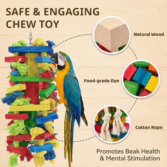 Large Parrot Toys Natural Wood Bird Toy Multicolored Chewing Gifts for Large Medium Macaws, African Grey, Parakeets and Amazon Parrots