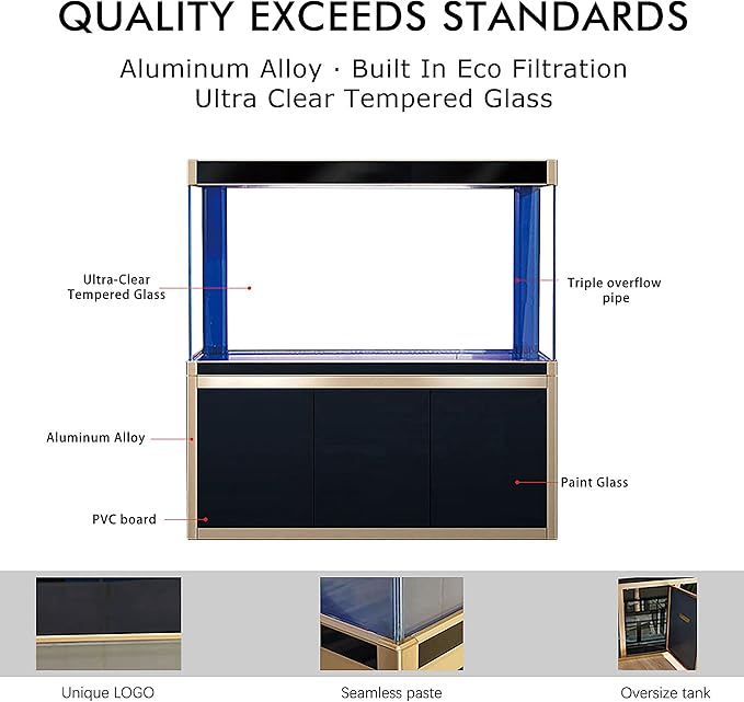 175 Gallon Glass Aquarium with Aluminum Cabinet - Including Sump for Filtration and Circulation, Plumbing, LED, Black with Gold Trim