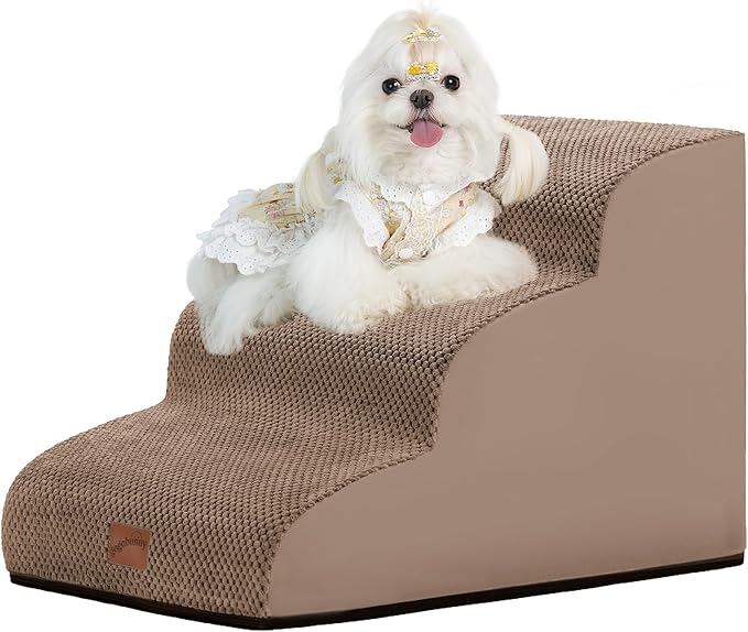gogobunny Ramp Cat Dog Stairs for Beds, Cat Slope Stairs with Durable Waterproof Fabric Cover, Pet Steps for Old Large Dogs Climbing (Camel, 3-Step (22.4" D x 15.7" W x 15.7" H), 3)