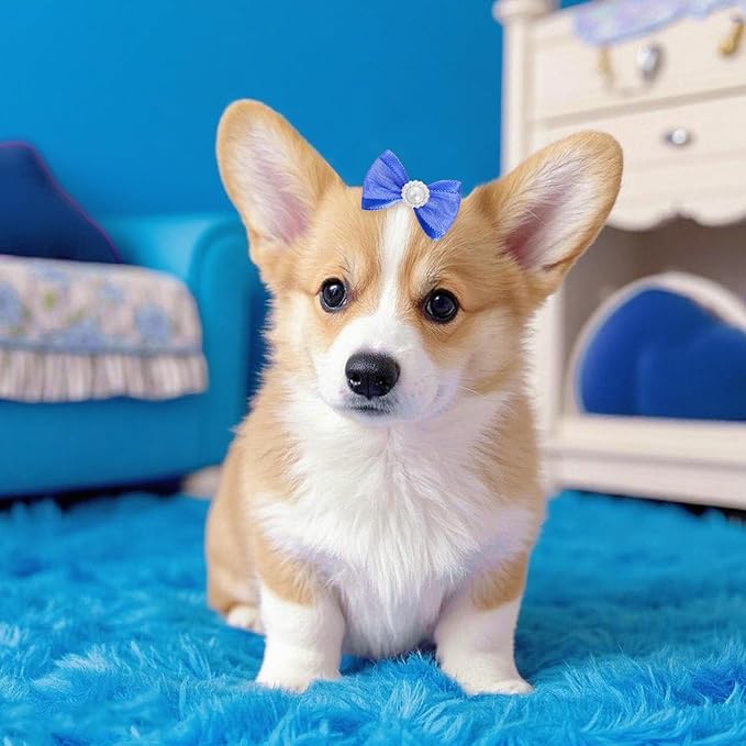 20 PCS Cute Dog Hair Bows with Rubber Bands Elastic Handmade Mix Style Lace Rhinestone Pearls for Furry Puppy Cat Pet Girl, Dark Blue