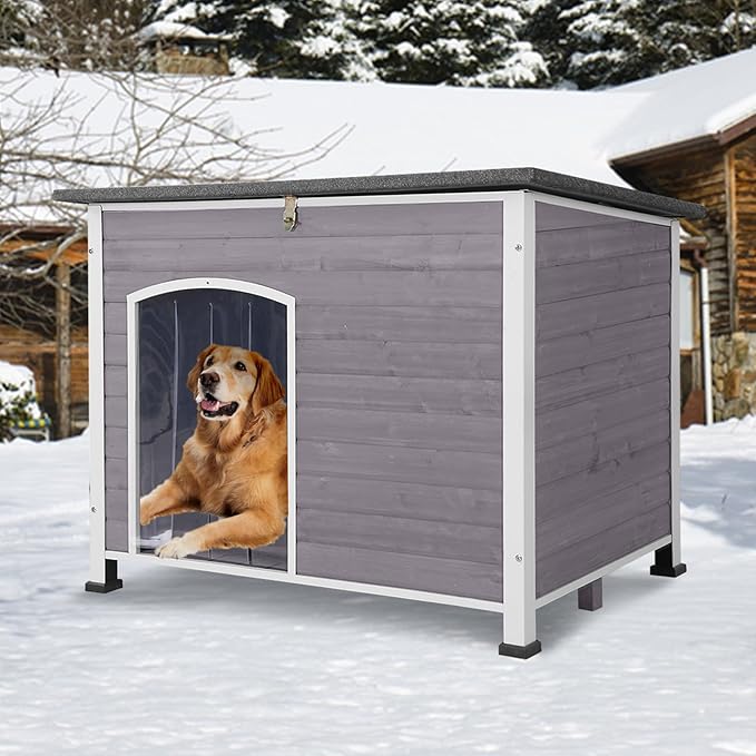 GUTINNEEN Extra Large Heated Dog House Outdoor XL Insulated Dog House Weatherproof Dog Kennel with Safe Heating Pad, Thermal Liner, Chew-Proof Metal Frame for Large Dogs, 43.3" L×29.4" D×33.4" H
