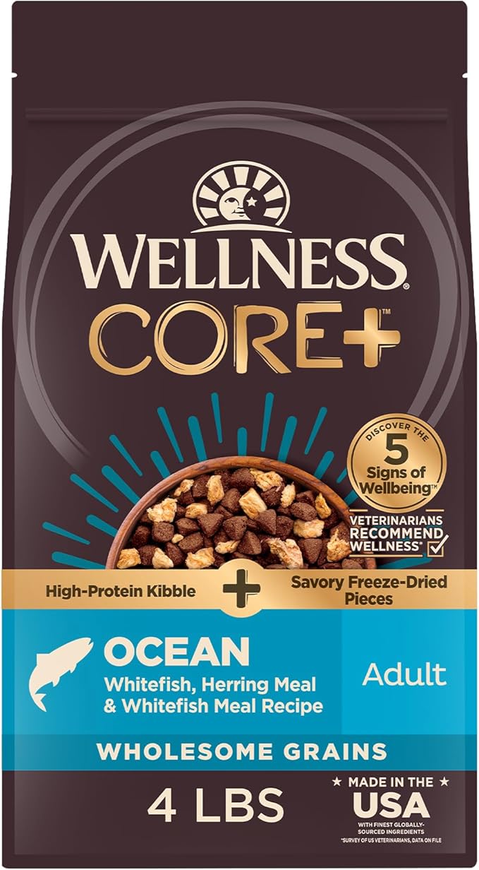 Wellness CORE+ Adult Dry Dog Food with Freeze Dried Pieces, Wholesome Grain Kibble+, Natural, High Protein, Chicken Free, Whitefish, Herring, and Salmon Recipe, 4 lb Bag