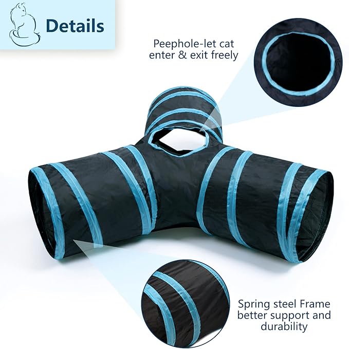 3 Way Cat Tunnel Collapsible Fun Pet Play Tube Toys for Cats, Kittens, Puppies & Rabbits - Portable Tunnel with Hanging Ball for Indoor Play, Hideout & Exercise