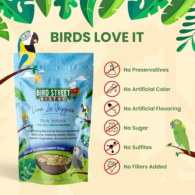 Bird Street Bistro Parrot Food for Parakeets & Cockatiels - Viva La Veggies - 24 oz - Cooks in 3-15 min, Natural Grains, Fruits & Vegetables - USA Made