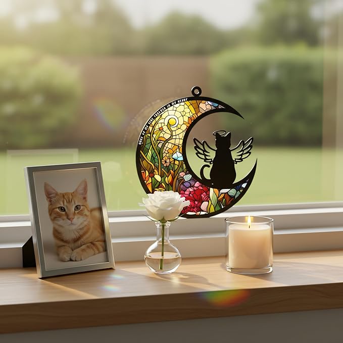 Cat Memorial Suncatcher for Windows Stained Glass,Pet Sympathy Gift to Memorialize The Loss,Unique Angel Cat Statue Suncatchers with Personalized Decorations