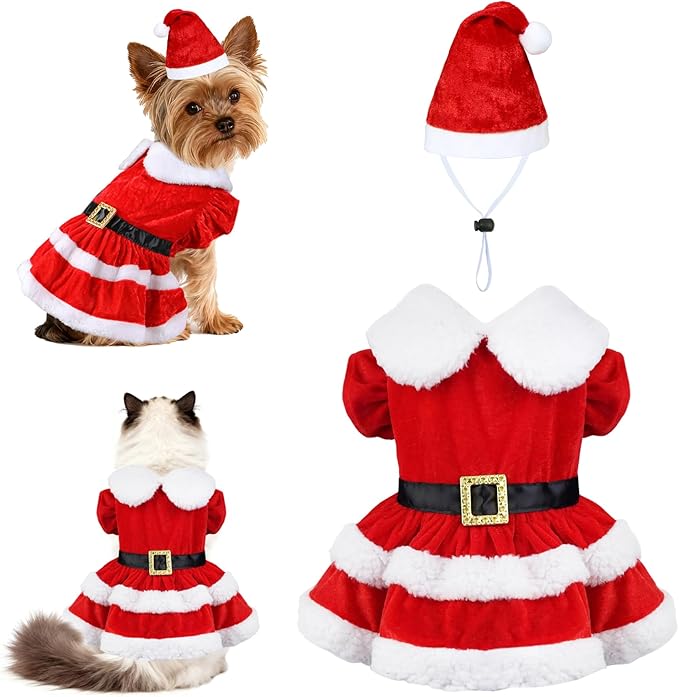 Dog Christmas Dress Santa Hat Dog Christmas Outfit Holiday Santa Costume Outfit Clothes for Small Medium Dogs (Large)