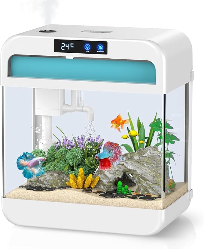 Fish Tank 2.2 Gallon Fish Bowl with Humidifier 7 Color Auto-Looping Light Aquarium Tank with 3 in 1 Silent Pump with Filteration & Oxygenation & Circulation(White-2.2 Gallon)