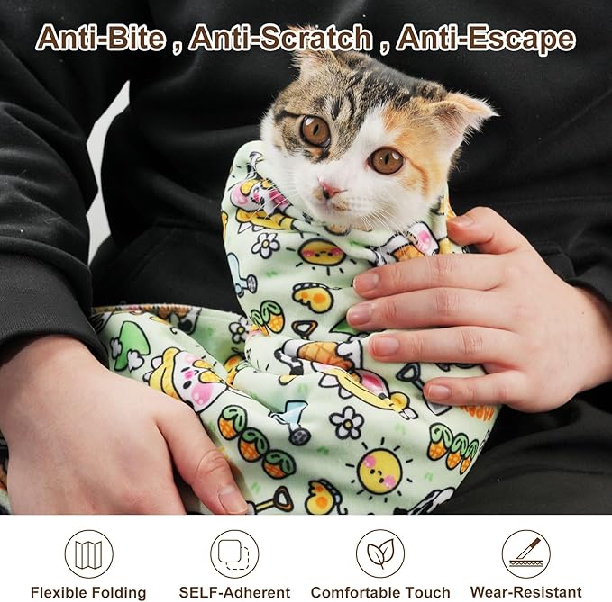 27.6" Large Cat Grooming Wrap – Anti-Escape Cat Wrap for Cutting Nails, Brushing & Medication – Soft, Comfortable, Reusable, Self-Adhering, Holds Cats Up to 15lbs (Cow Corn)