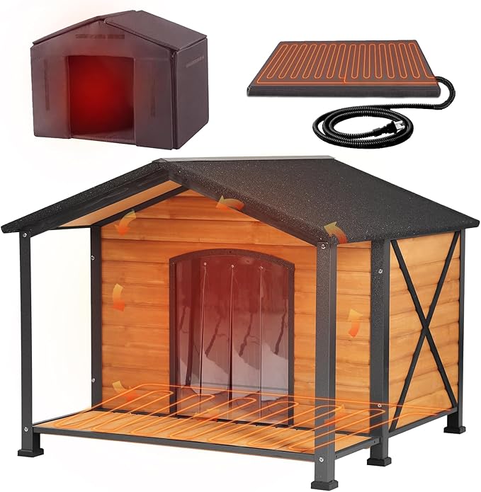 GUTINNEEN 41.6" Extra Large Heated Outdoor Dog House for Large Dogs Insulated, Thermostat-Controlled Heating with Full 6-Sided Insulation, Metal Frame, Spacious, Cozy, and Safe Winter Shelter (Brown)